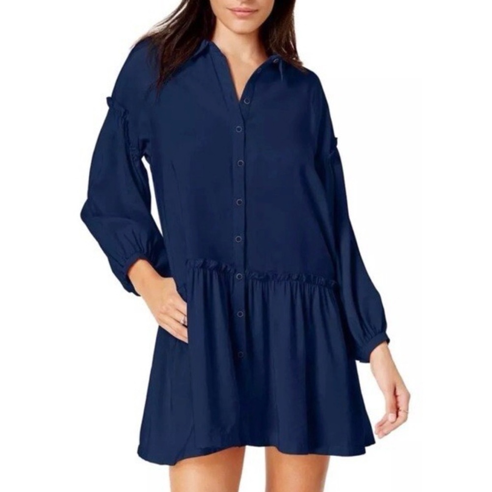 Free People Navy Drop-waist Button-Front Shirt Dress